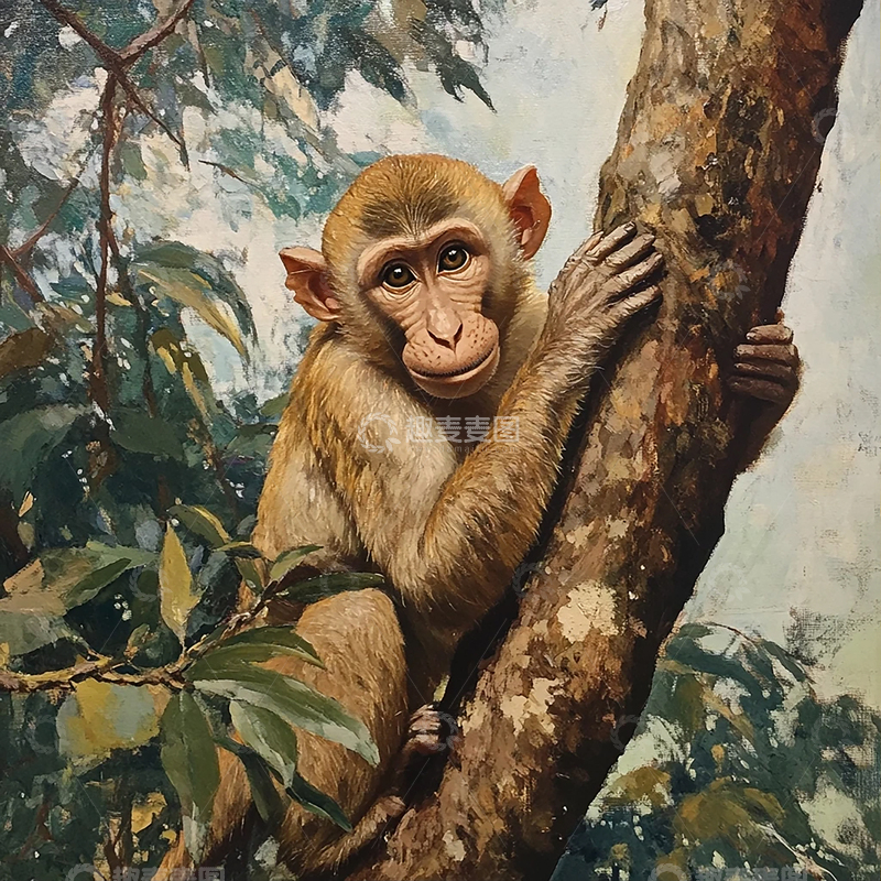 高清大图下载【趣麦麦图】树上探秘的灵猴奇遇
