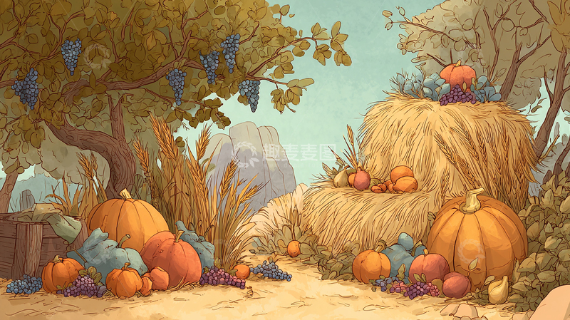 高清大图下载【趣麦麦图】南瓜与丰收稻草堆