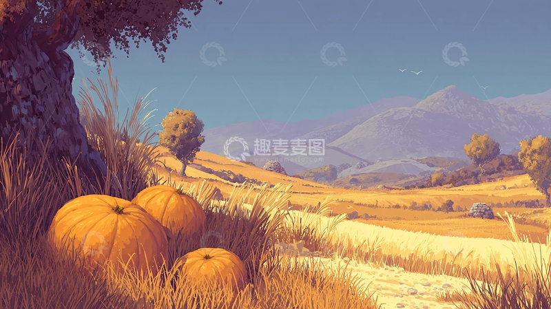 高清大图下载【趣麦麦图】金秋丰收的南瓜田