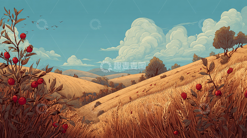 高清大图下载【趣麦麦图】金色麦浪与蔚蓝天空