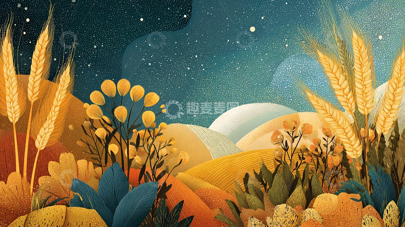 高清大图下载【趣麦麦图】星空下的金色麦穗田
