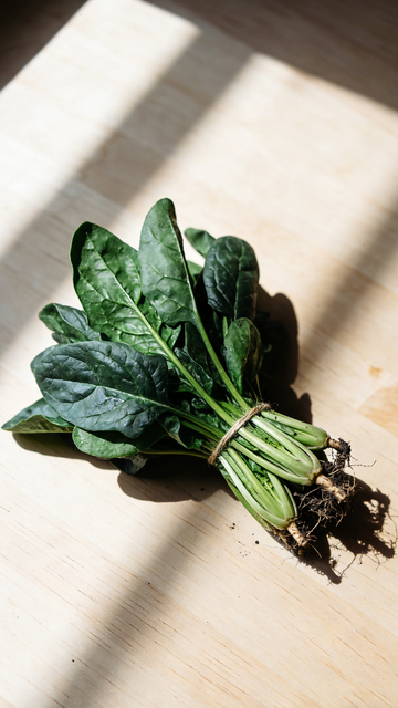 新鲜菠菜木桌面摄影