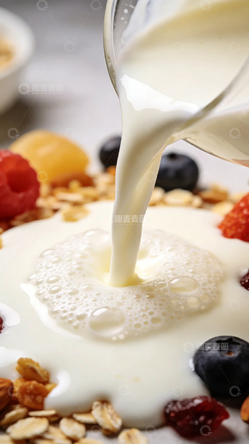 高清大图下载【趣麦麦图】牛奶倒入麦片特写摄影
