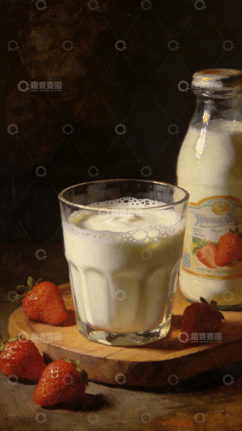 高清大图下载【趣麦麦图】静物油画牛奶草莓