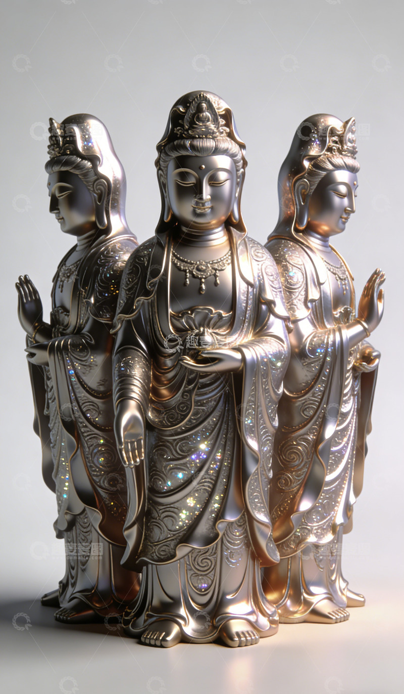 高清大图下载【趣麦麦图】金属雕塑佛像三尊观音像工艺精湛装饰画
