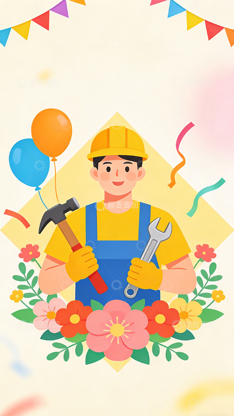 高清大图下载【趣麦麦图】卡通工人庆祝插画