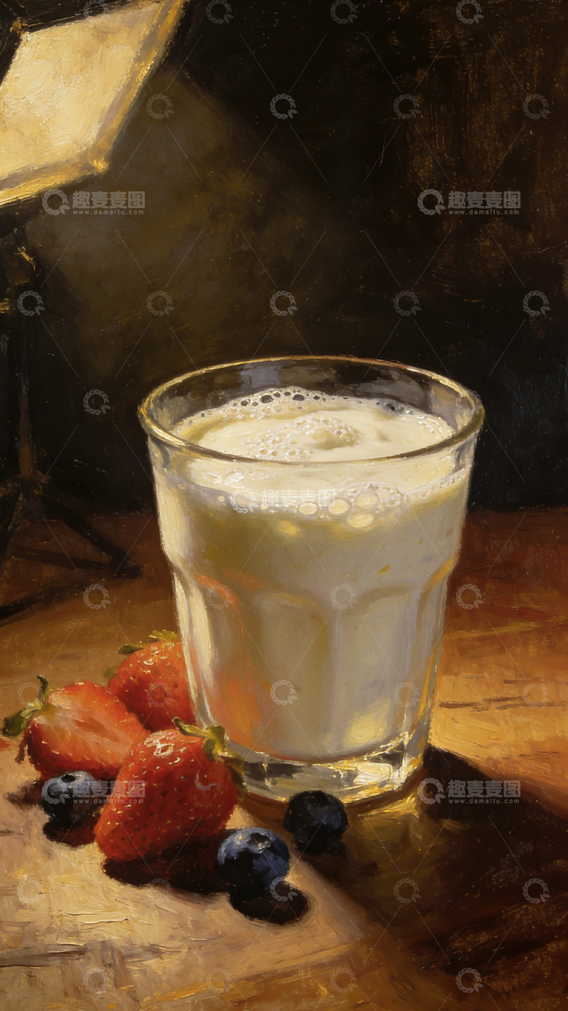 高清大图下载【趣麦麦图】静物油画牛奶草莓蓝莓