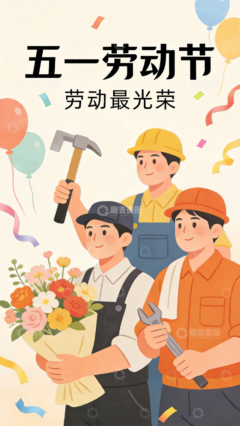 高清大图下载【趣麦麦图】卡通五一劳动节庆祝海报