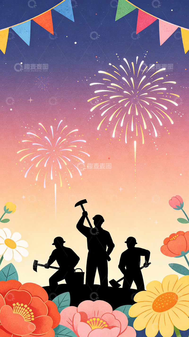 高清大图下载【趣麦麦图】烟花庆典工人剪影海报设计