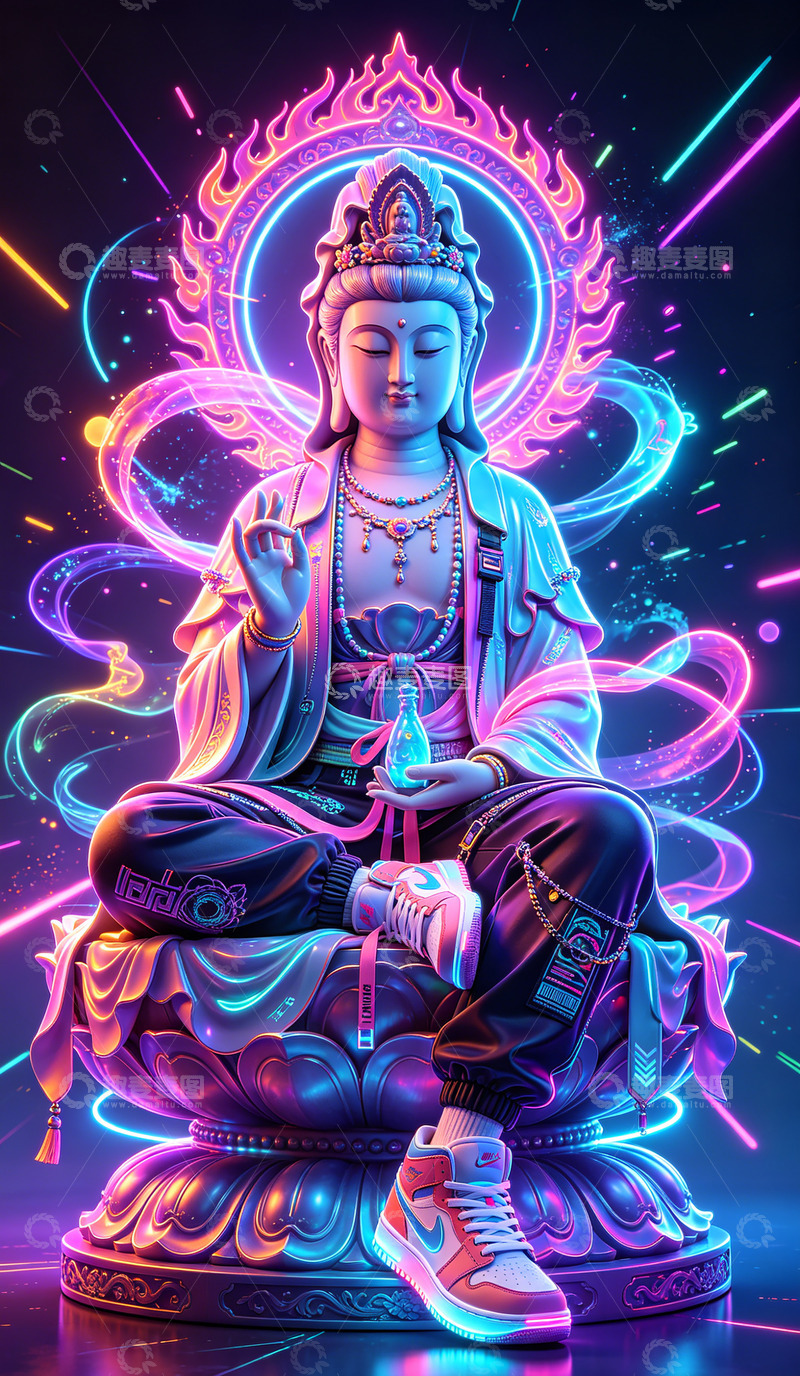 高清大图下载【趣麦麦图】霓虹灯效果佛像艺术插画装饰画