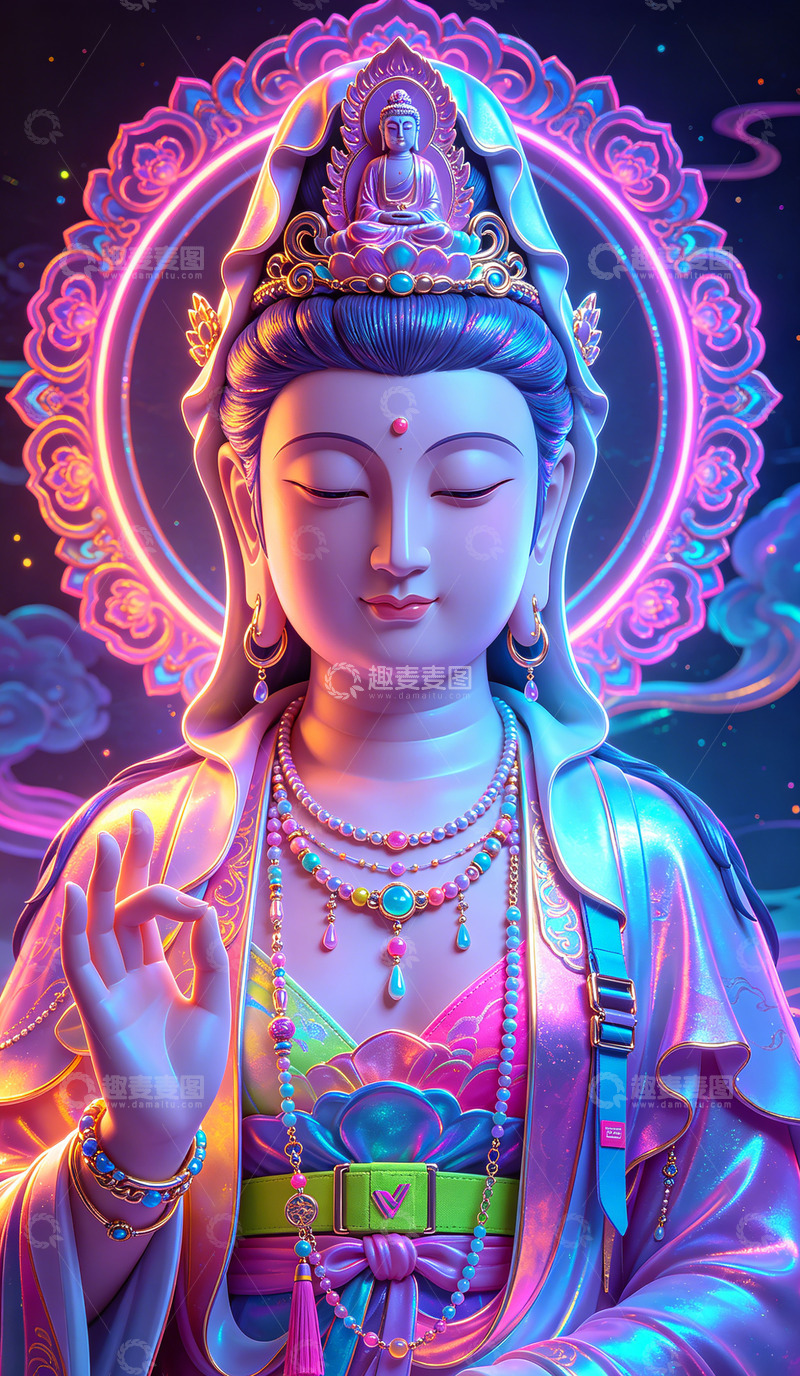 高清大图下载【趣麦麦图】霓虹光佛像艺术插画装饰画
