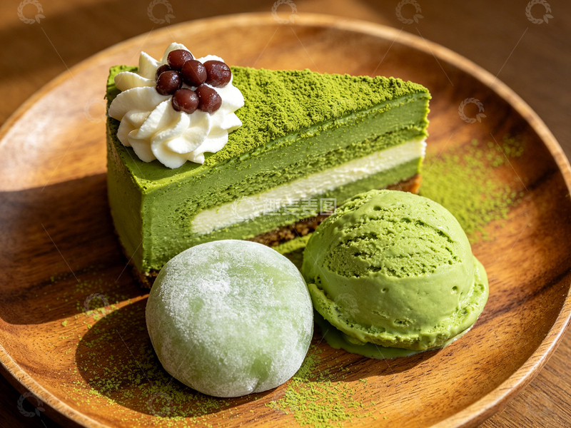 高清大图下载【趣麦麦图】抹茶甜点木盘摆盘