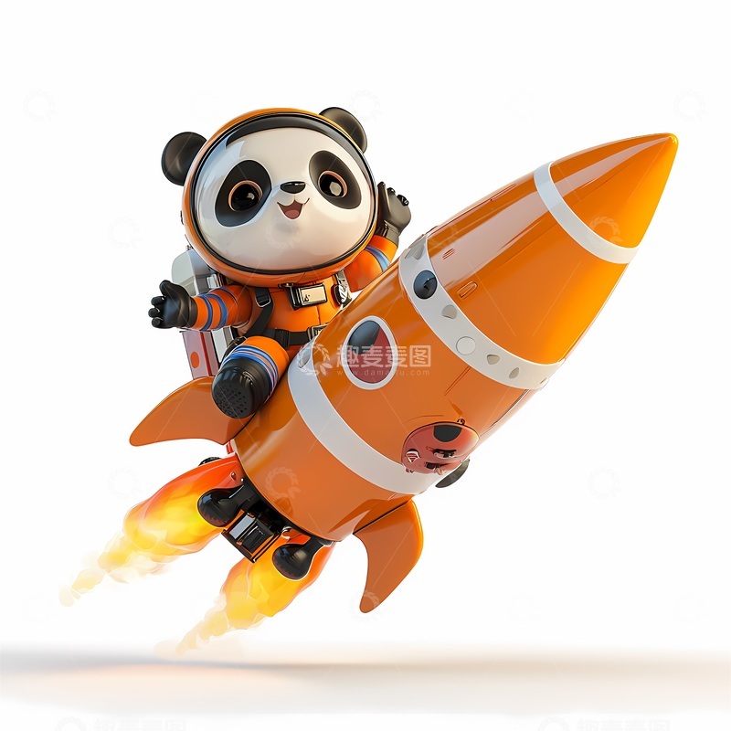 高清大图下载【趣麦麦图】卡通熊猫火箭飞行插画