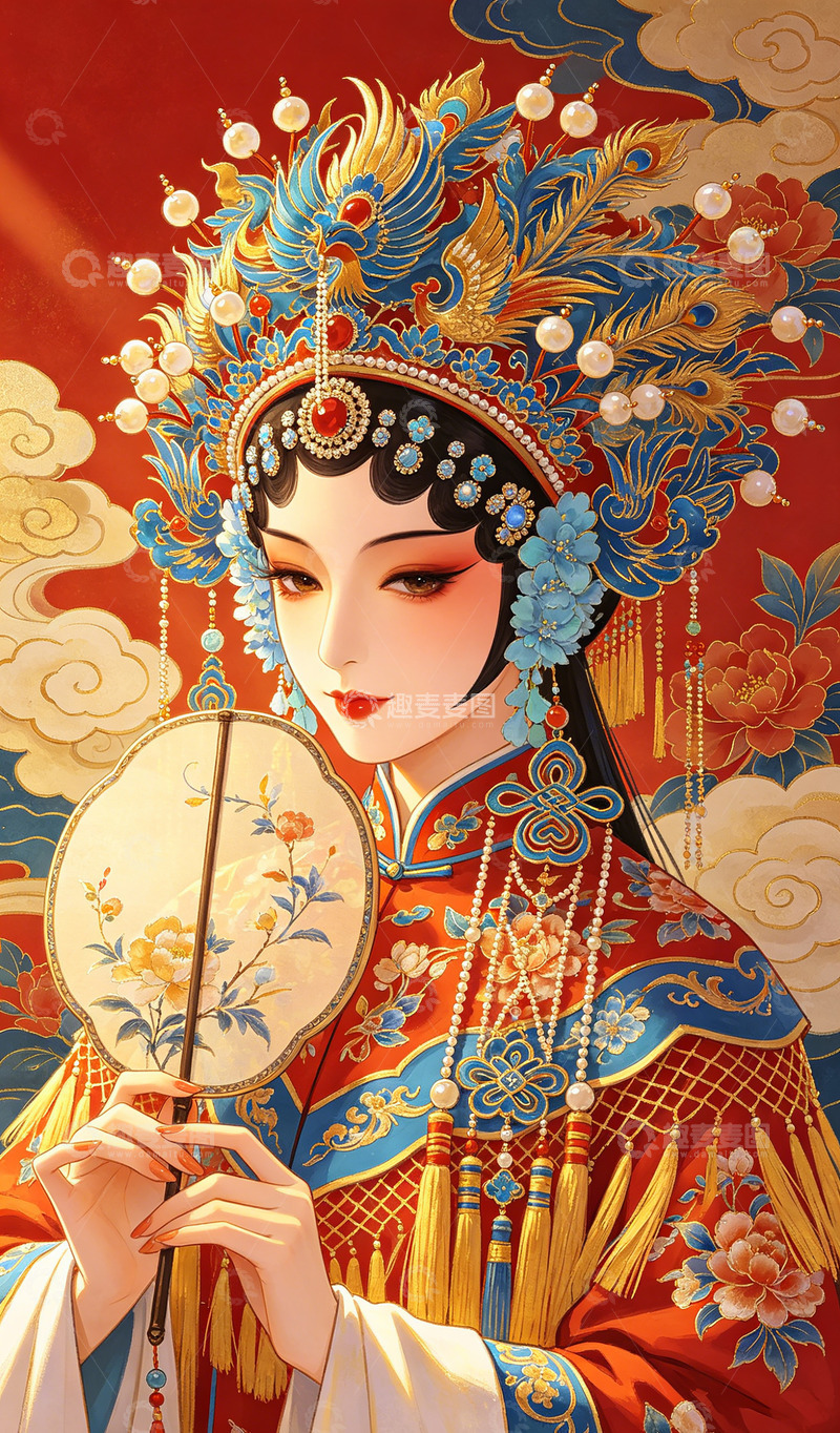 高清大图下载【趣麦麦图】华丽京剧花旦人物插画装饰画