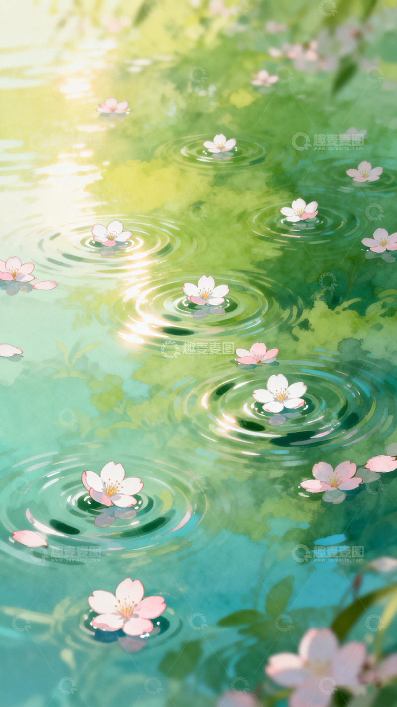 高清大图下载【趣麦麦图】水彩花影水面风景插画