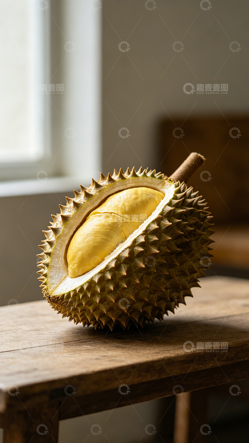 高清大图下载【趣麦麦图】木质桌面榴莲特写摄影