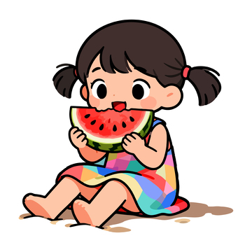 卡通女孩吃西瓜插画