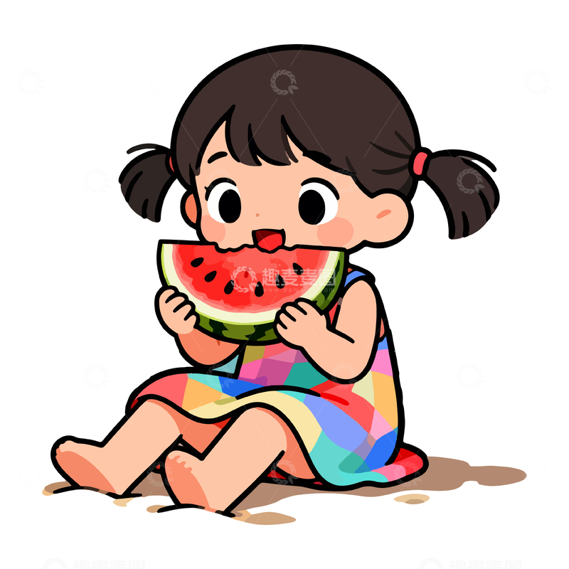 源文件下载【趣麦麦图】卡通女孩吃西瓜插画