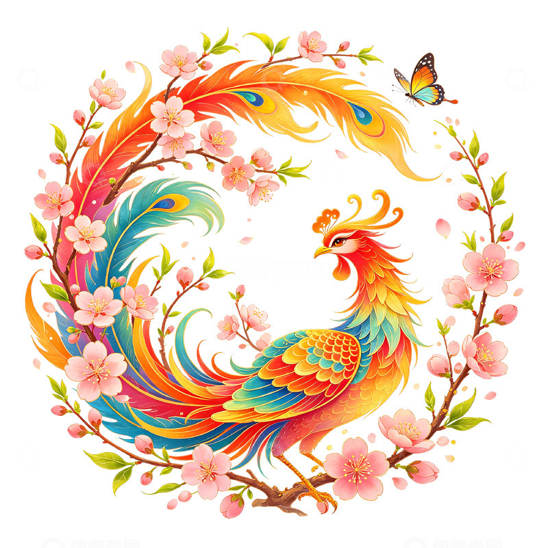 高清大图下载【趣麦麦图】彩绘凤凰樱花艺术插画