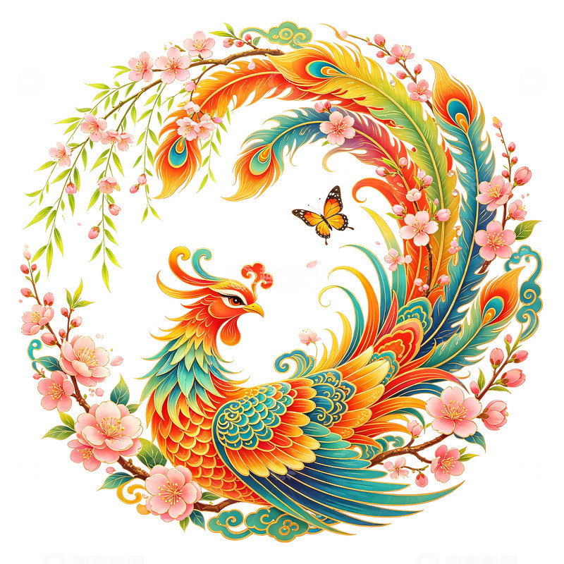 高清大图下载【趣麦麦图】彩凤栖花圆形图案