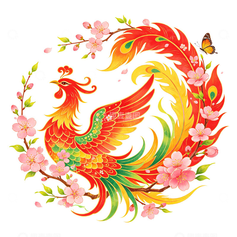 高清大图下载【趣麦麦图】凤凰展翅樱花盛开艺术插画