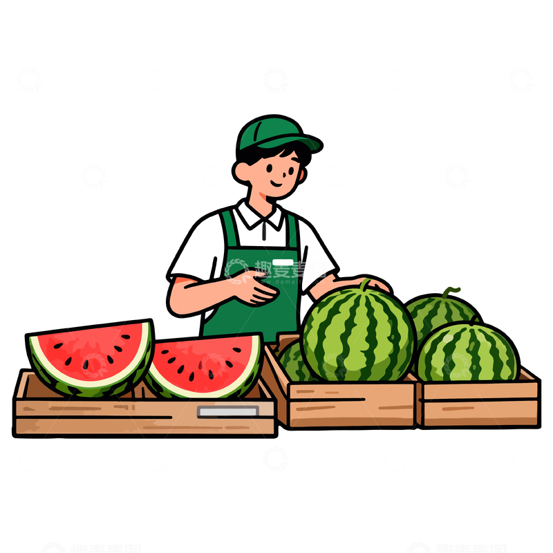 源文件下载【趣麦麦图】卡通西瓜摊位销售员矢量素材
