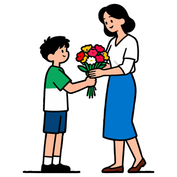 卡通母子鲜花互动矢量插画