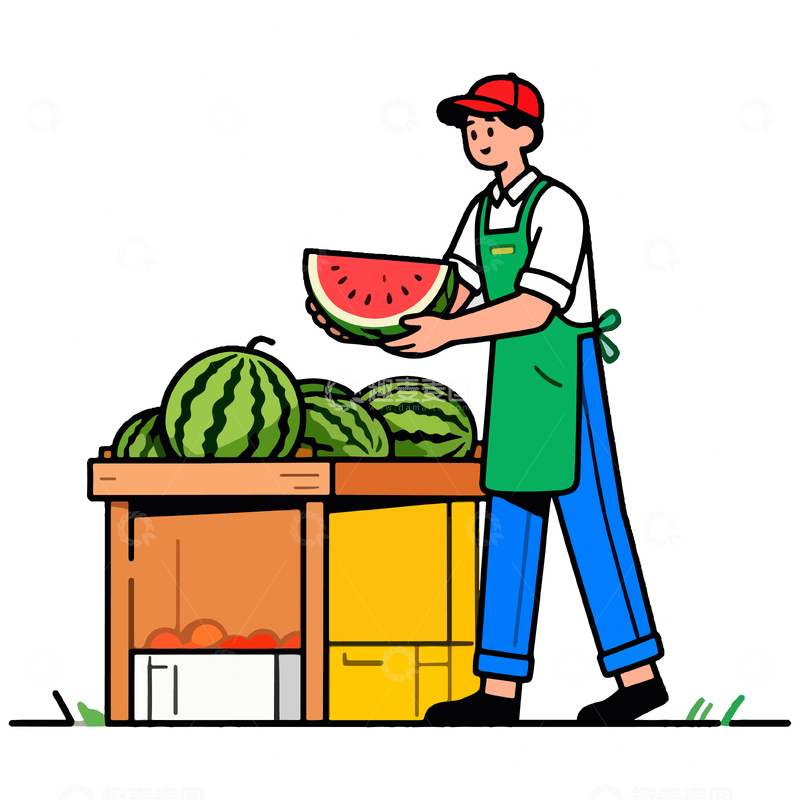 源文件下载【趣麦麦图】卡通西瓜摊贩插画素材