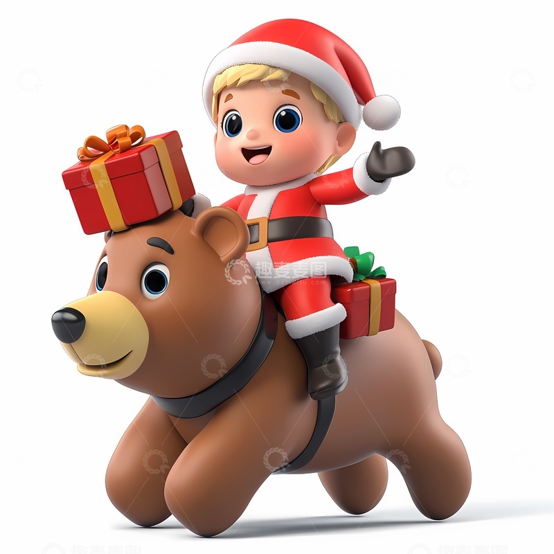 高清大图下载【趣麦麦图】圣诞童趣卡通骑熊送礼物