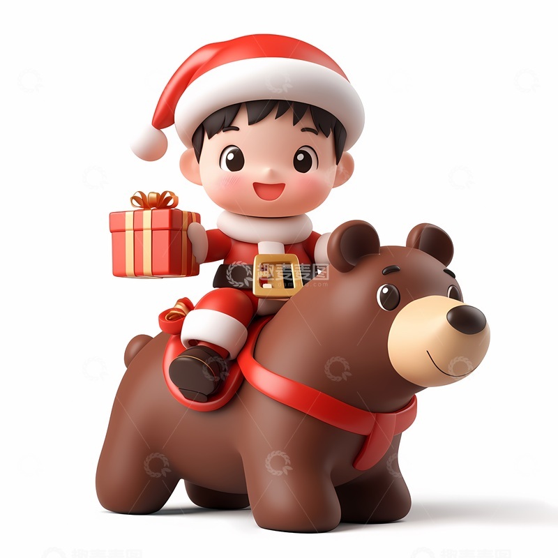 高清大图下载【趣麦麦图】圣诞卡通骑熊男孩礼物图
