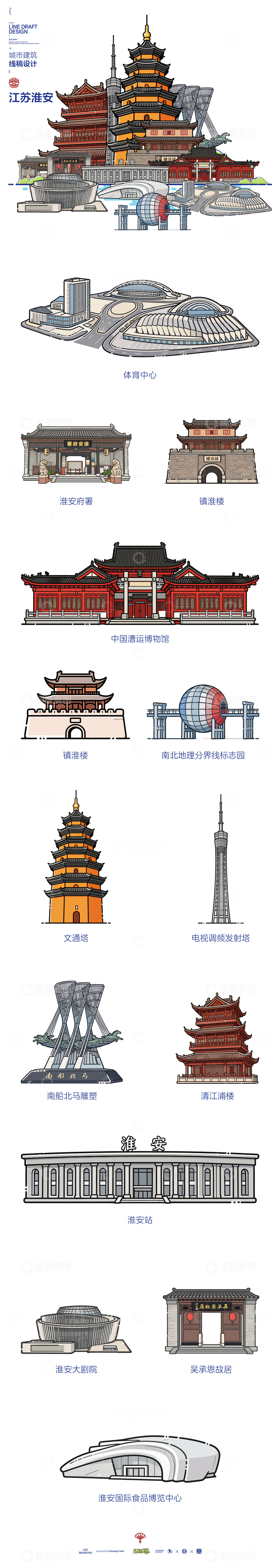 源文件下载【趣麦麦图】江苏淮安城市地标矢量建筑线描