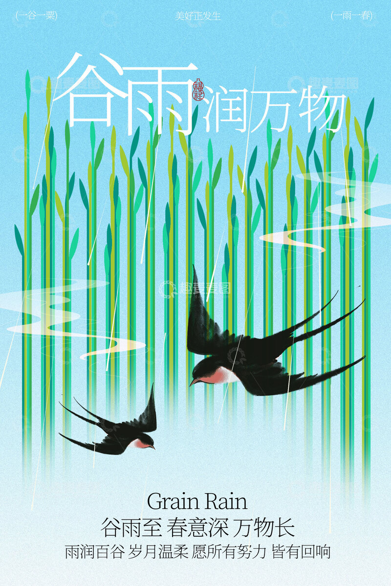 源文件下载【趣麦麦图】谷雨时节蓝色清新简约日常海报