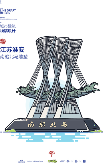 江苏淮安南船北马城市地标矢量建筑线描