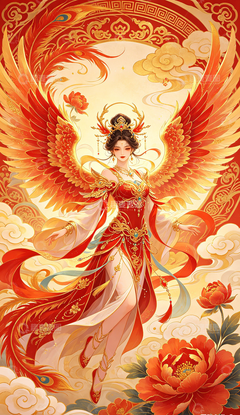 高清大图下载【趣麦麦图】华丽凤凰女神插画中国风艺术海报装饰画
