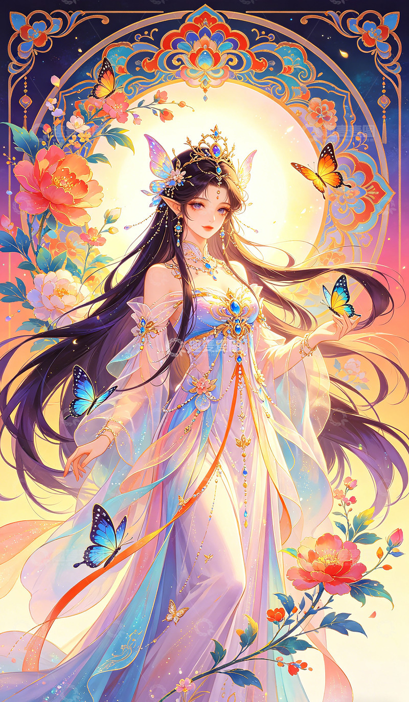 高清大图下载【趣麦麦图】古风仙女花卉蝴蝶插画装饰画