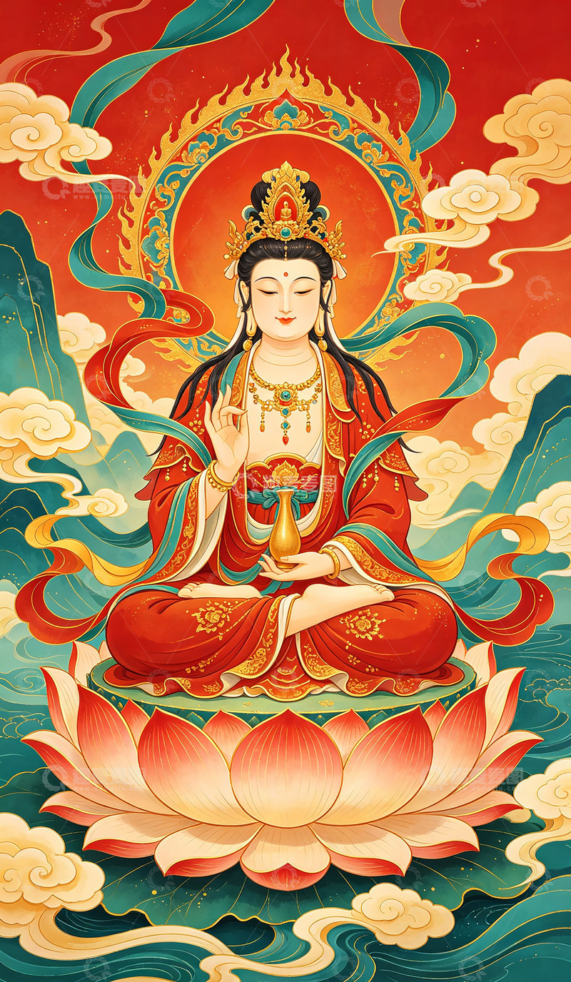 高清大图下载【趣麦麦图】东方神话观音菩萨插画装饰画