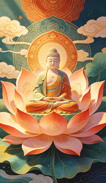 佛坐莲花东方艺术插画装饰画