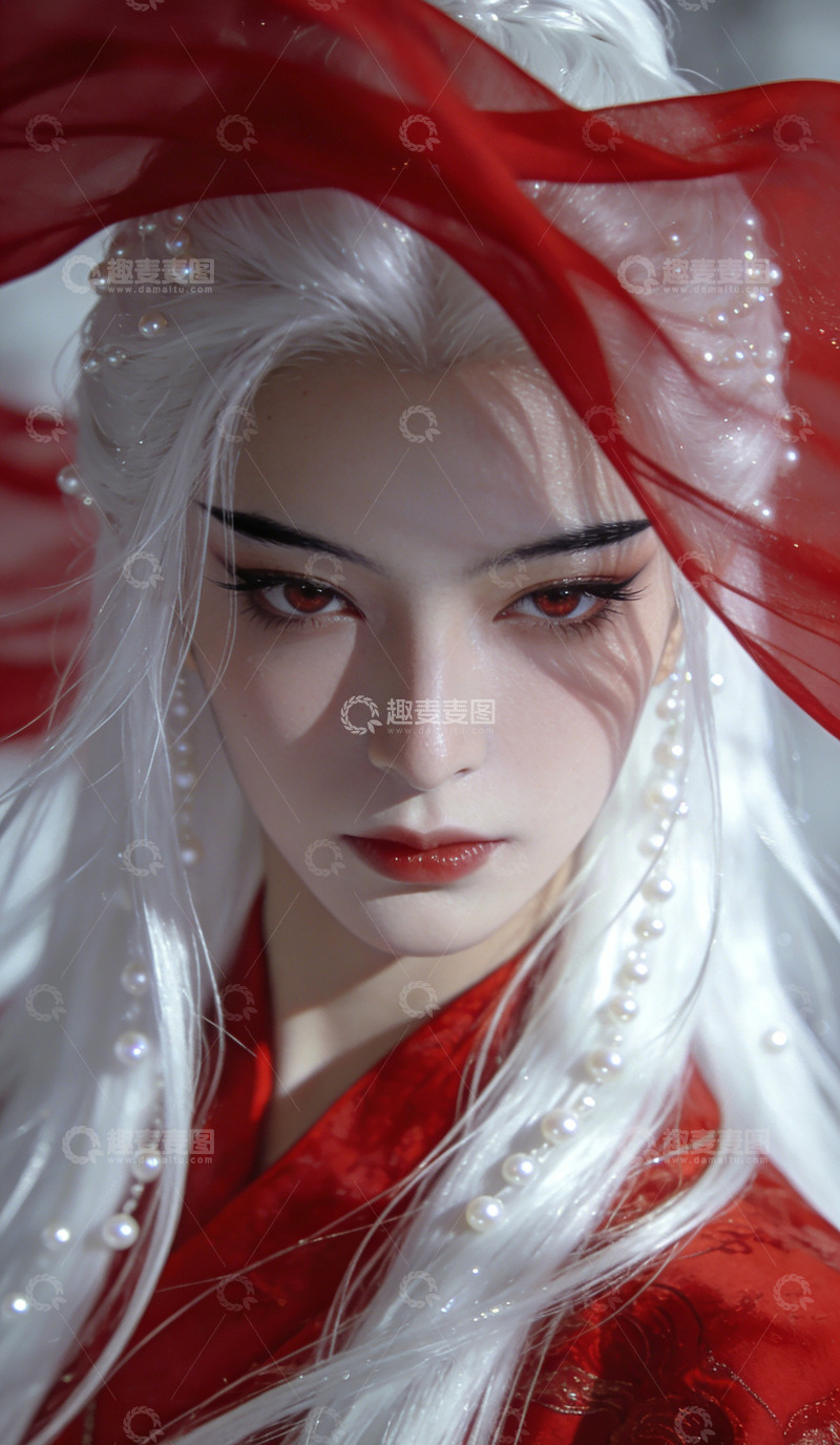 高清大图下载【趣麦麦图】古风白发红袍美人写真装饰画