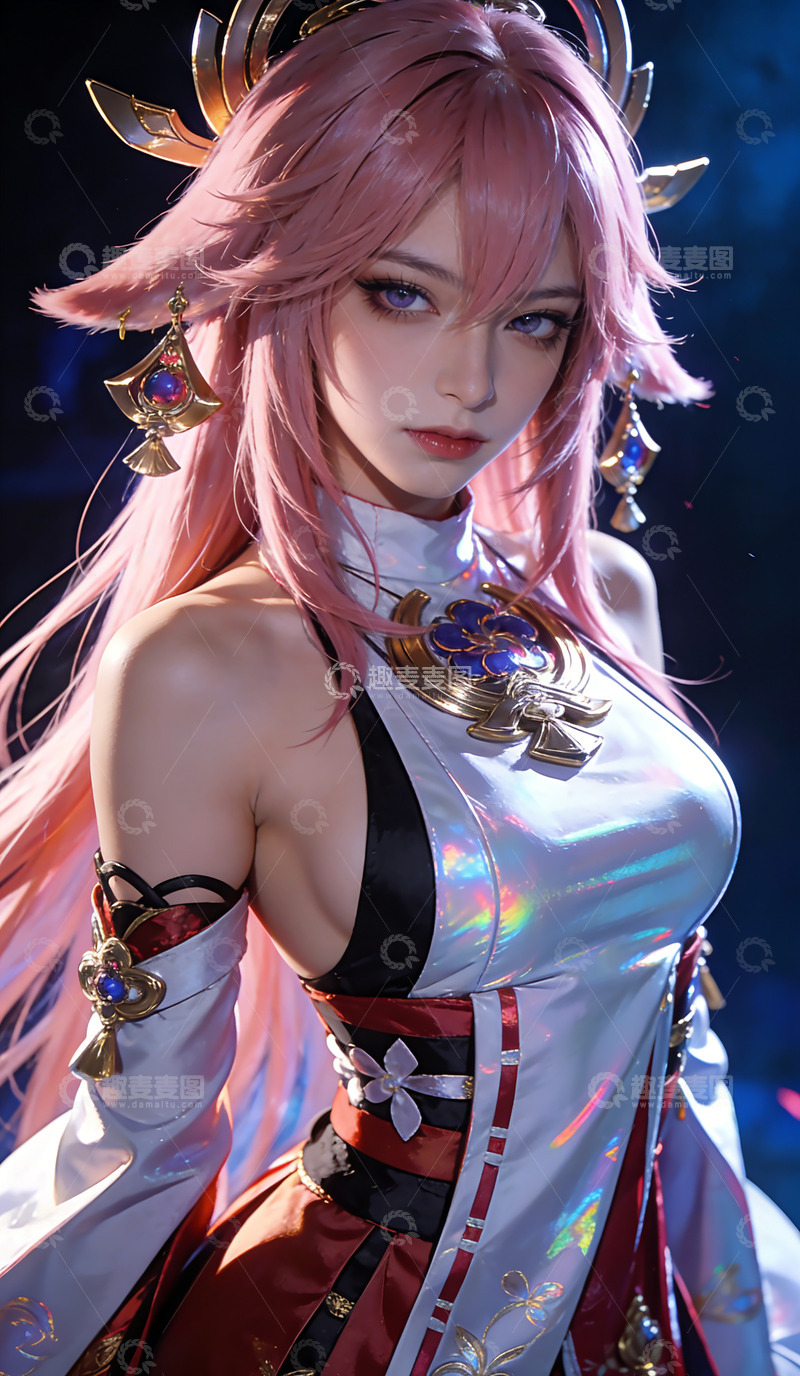 高清大图下载【趣麦麦图】粉色长发女性角色cosplay壁纸装饰画