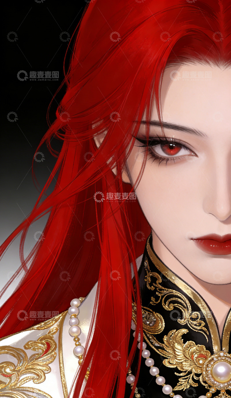 高清大图下载【趣麦麦图】古风红发女性插画壁纸装饰画