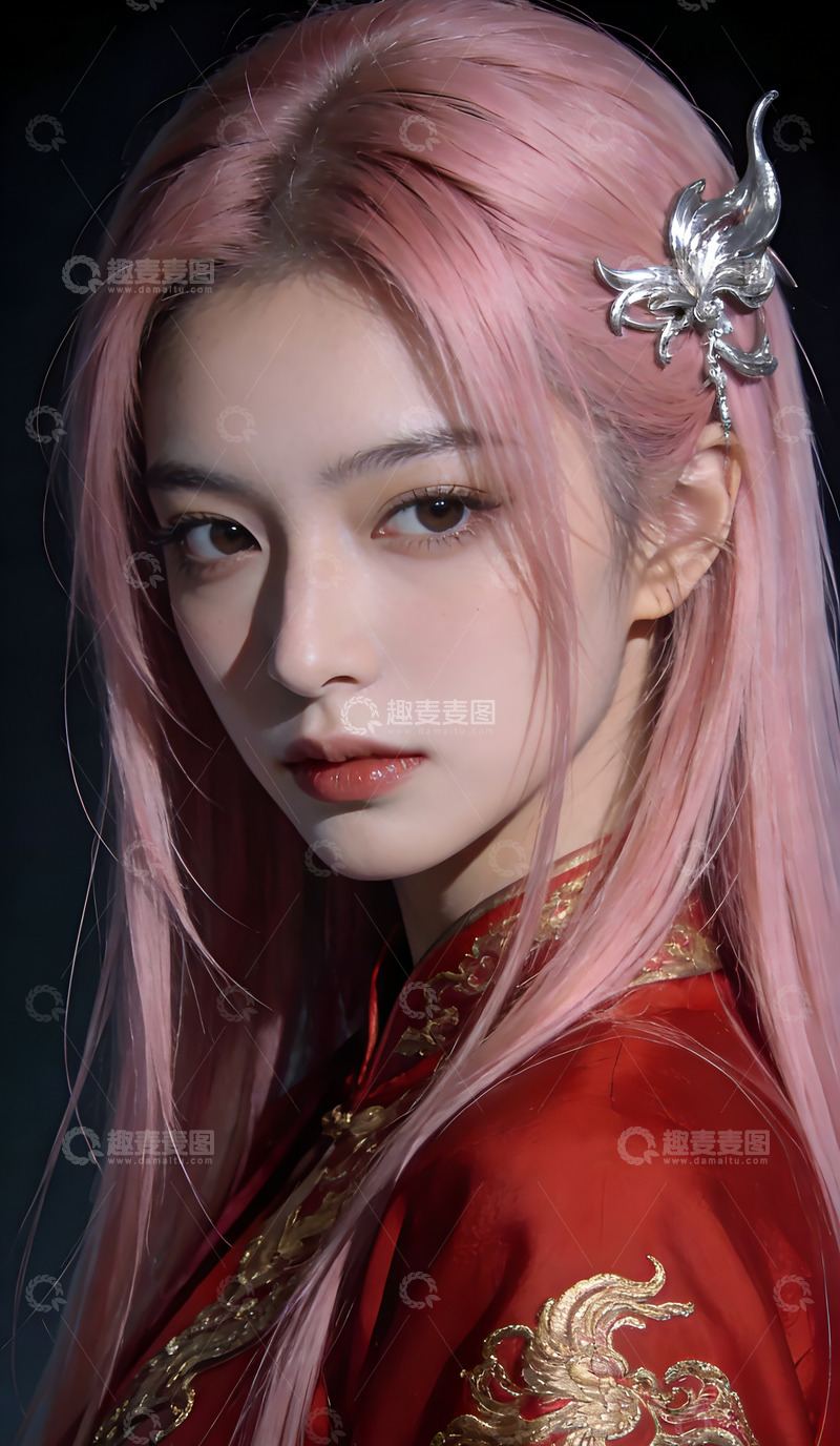 高清大图下载【趣麦麦图】-古装粉发美人特写摄影装饰画