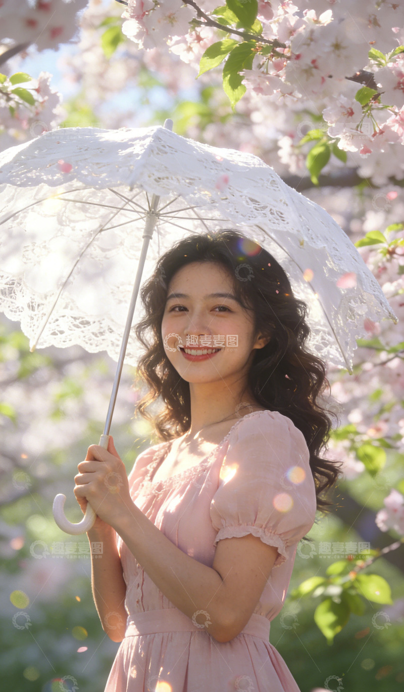 高清大图下载【趣麦麦图】春日樱花美女蕾丝伞写真