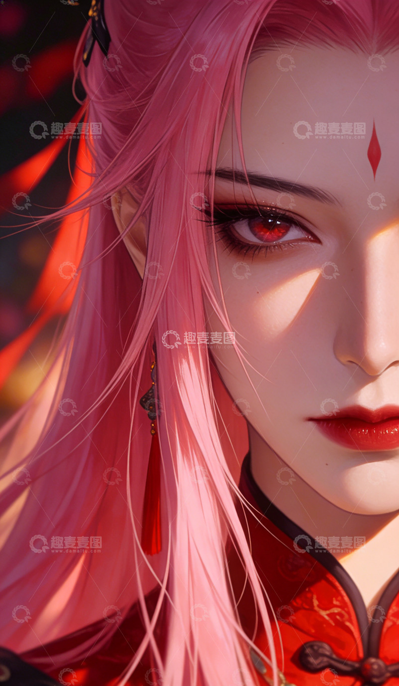 高清大图下载【趣麦麦图】动漫风粉色长发少女特写装饰画