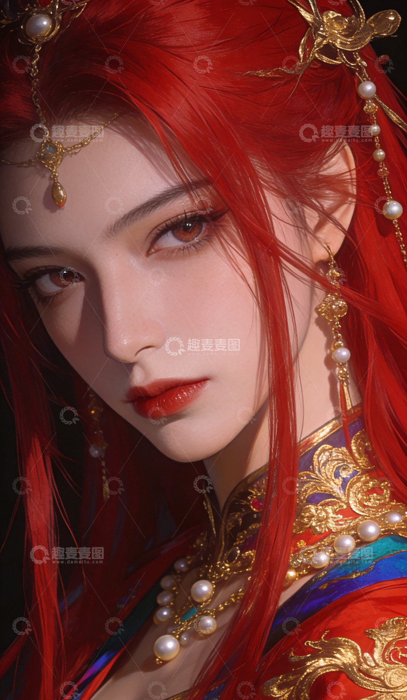 高清大图下载【趣麦麦图】古风美人红发珍珠饰品壁纸装饰画