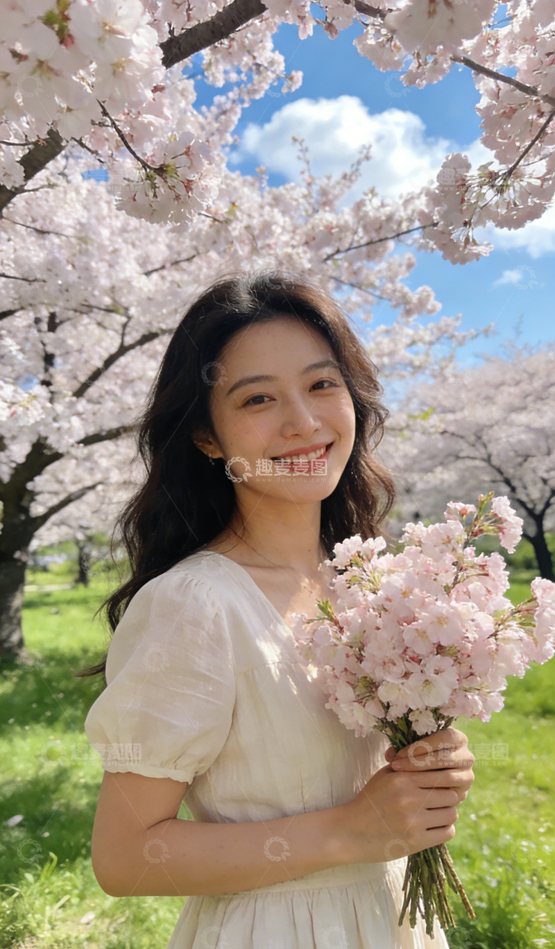 高清大图下载【趣麦麦图】樱花盛开春日美景女子捧花微笑