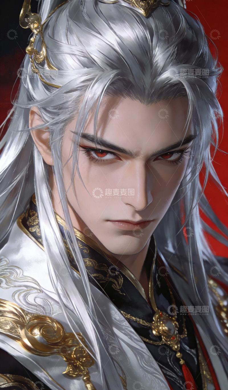 高清大图下载【趣麦麦图】古风银发帅哥插画艺术作品壁纸装饰画