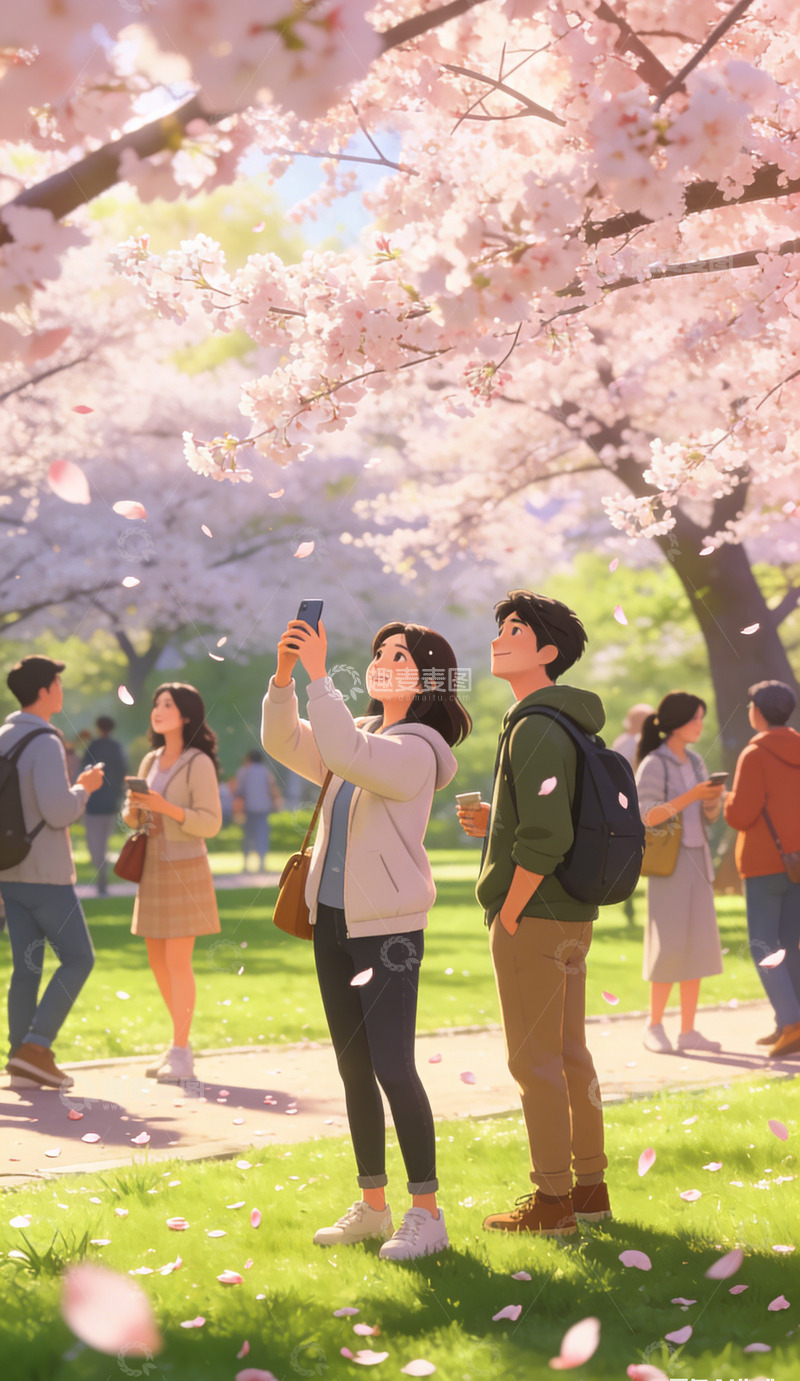 高清大图下载【趣麦麦图】樱花树下春日游玩插画场景