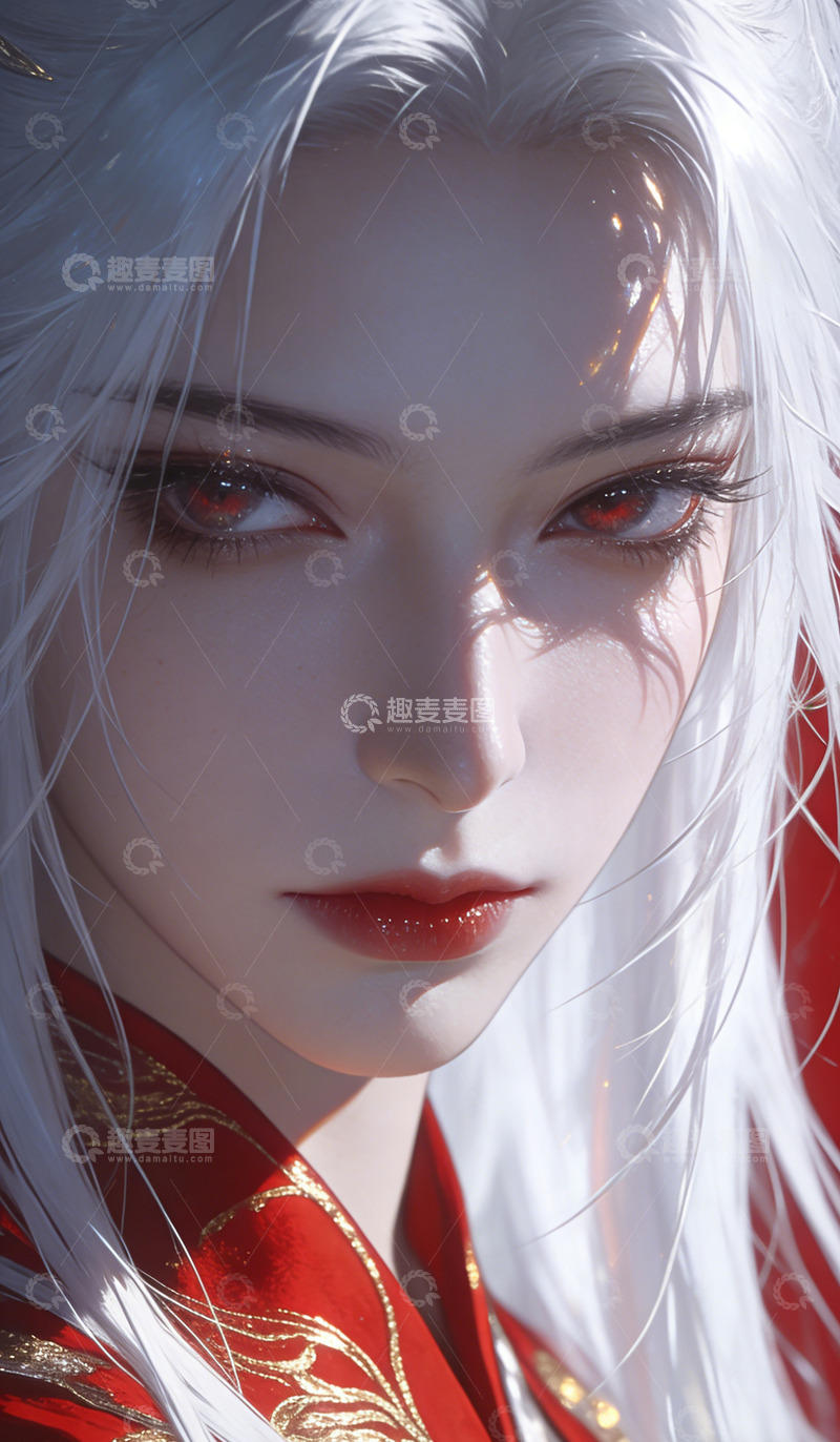 高清大图下载【趣麦麦图】古风白发红袍人物特写装饰画