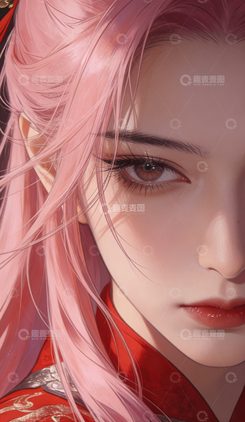 高清大图下载【趣麦麦图】动漫风粉色长发少女特写装饰画