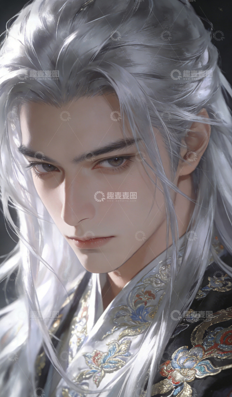 高清大图下载【趣麦麦图】古风银发男子插画壁纸装饰画